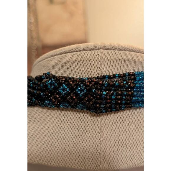 Brown & Blue Seed Bead Multi Strand Necklace With Woven Stations - Picture 5 of 7